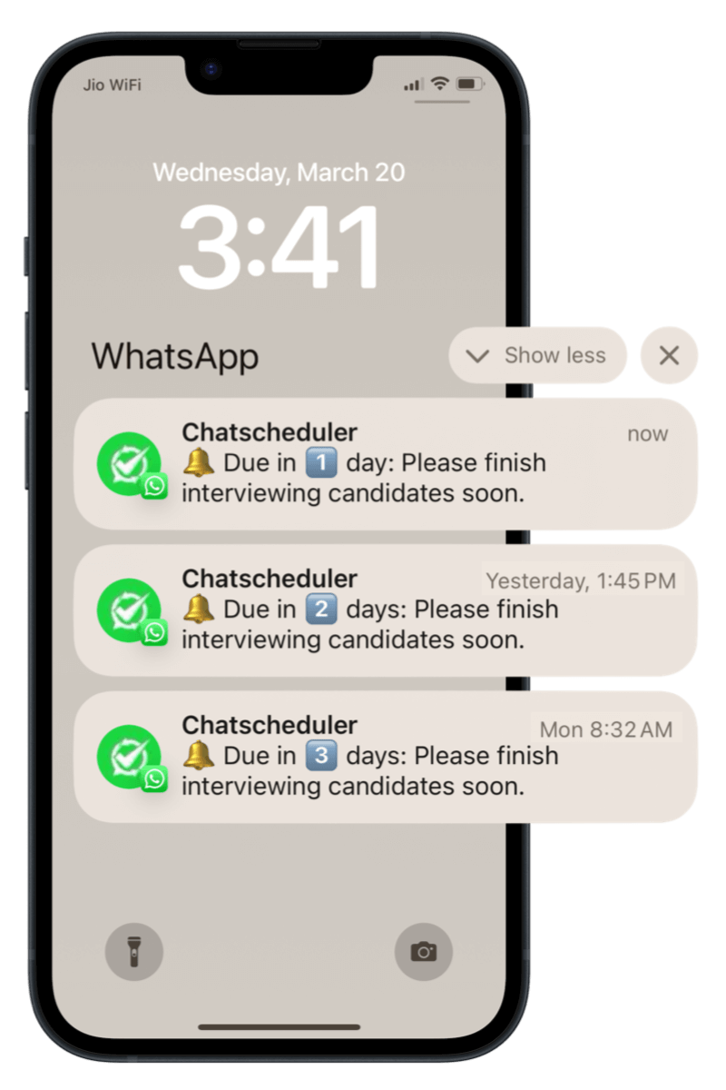 Multiple reminders from Chatscheduler on an iPhone's lock screen.